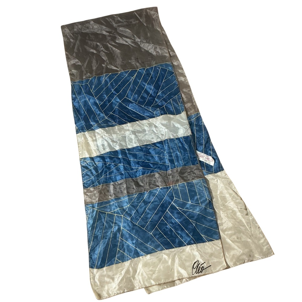 Cleo Hand Painted Geometric Silk Scarf Womens OS Blue Grey Quebec Made Artistic